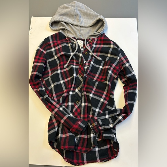 Hooded Flannel long sleeve button up red flannel grey hood size Small - Picture 1 of 8